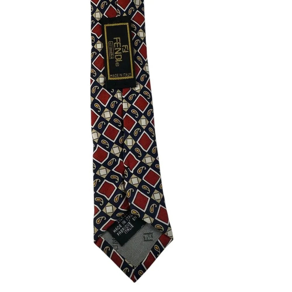FENDI FF Silk Tie Red Navy Gold Paisley Baroque Geometric 56 x4  Italy 80's